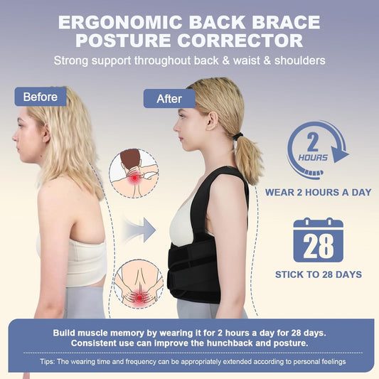 Posture Corrector for Women and Men Upgraded Back Brace, Adjustable Back Support for Upper and Lower Back Pain Relief, Shoulder Straightener for Hunchback, Scoliosis, Lumbar, Spine (Black, Large)